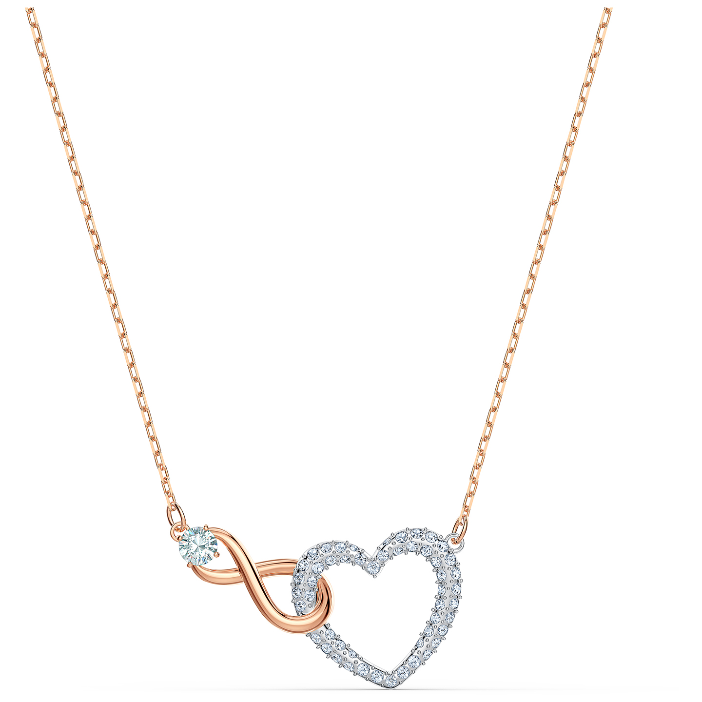 Collier coeur infini, métal rosé, cristaux blancs