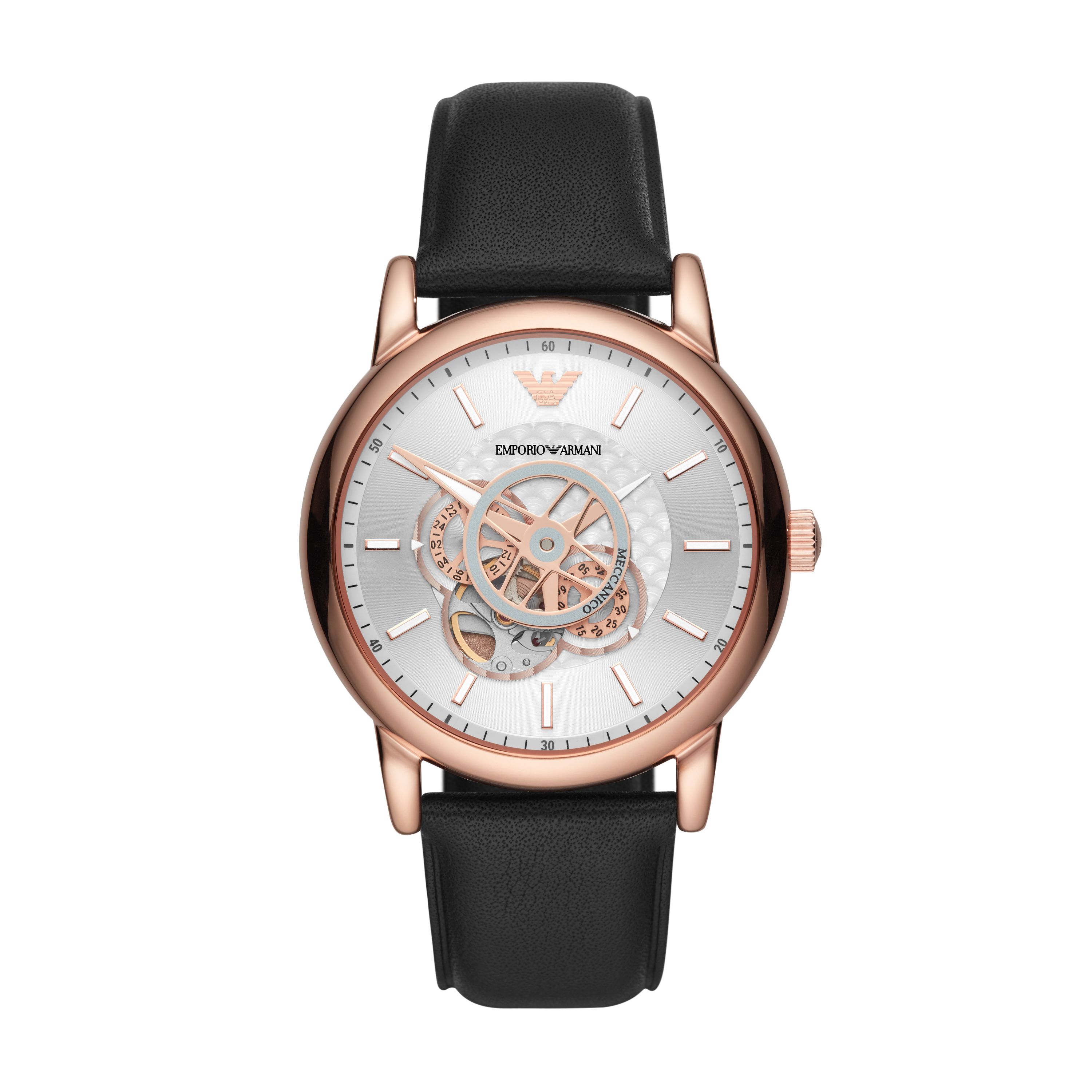 Montre mécanique cuir noir acier rosé - AR60013 - Emporio Armani