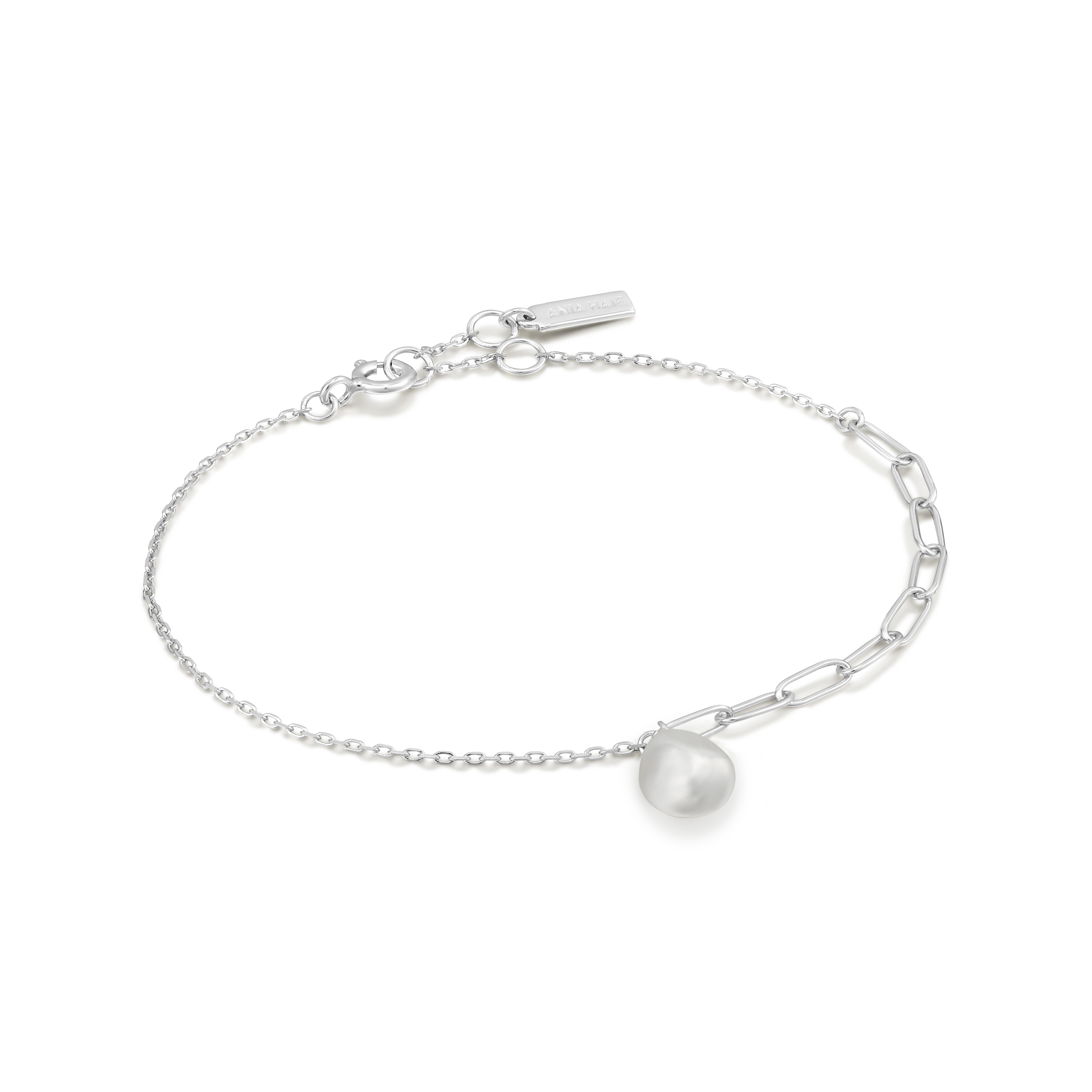  Rhodium-Plated Silver Bracelet, Pearl - B019-02H - Ania Haie