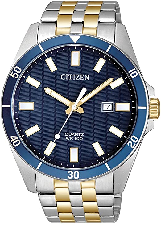 Montre acier 2 tons (blanc/jaune), fond bleu