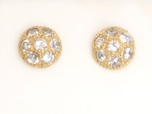 Boucles d'oreilles fixes rondes, or jaune 10 carats, zircons incolores