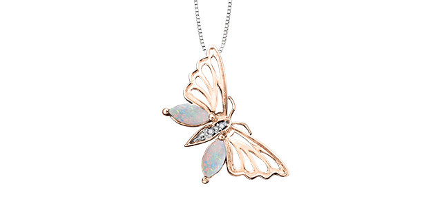 Rose gold butterfly pend with opal and 0.5 dia pt