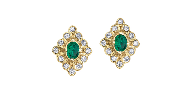 Emerald yellow gold earrings and 24 dia pts