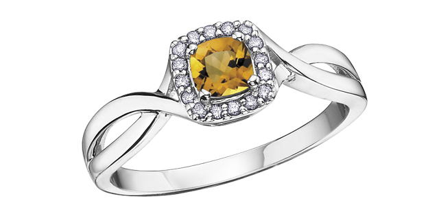 Bague or blanc, citrine, 7 pts dia tot