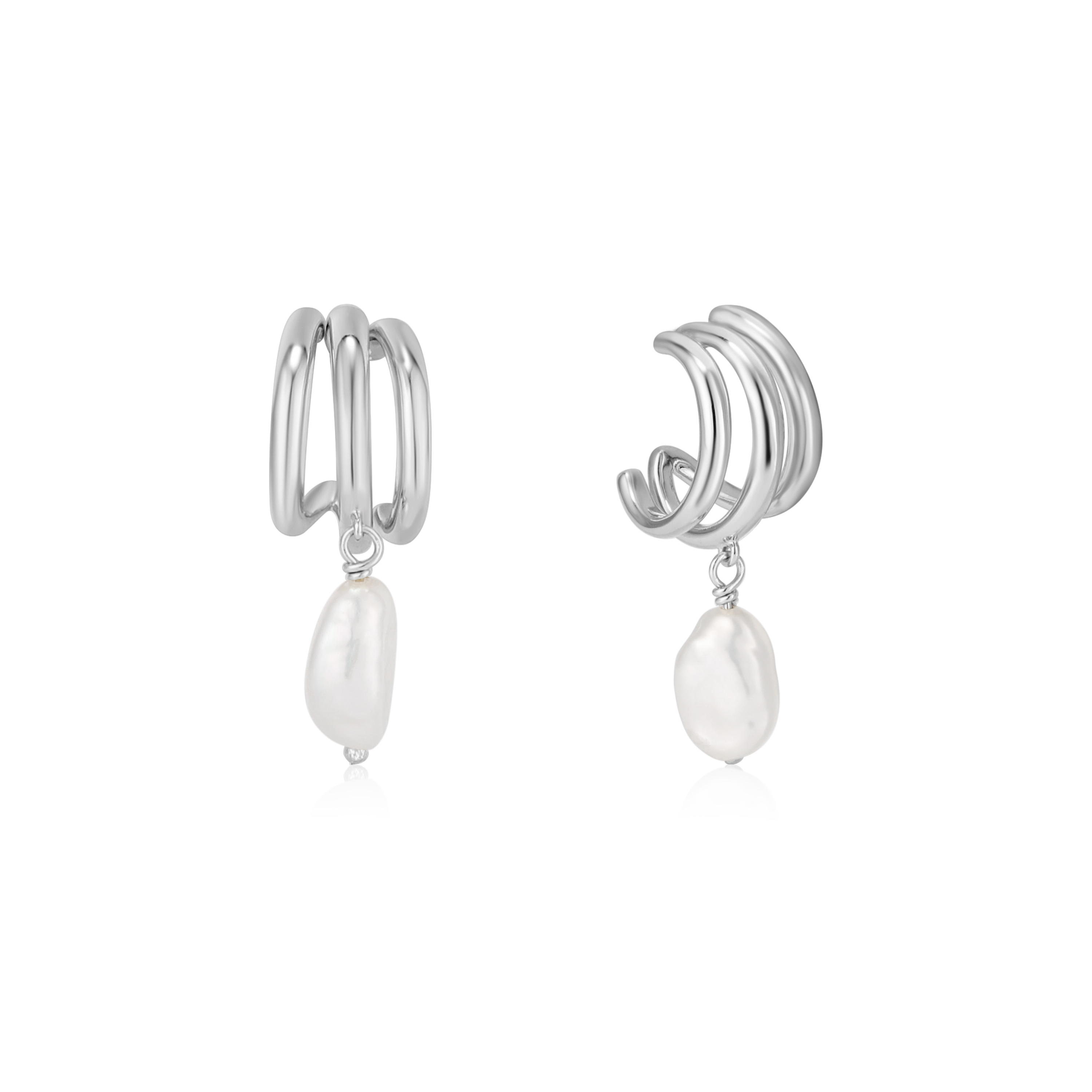 Rhodium-plated silver hoop earrings with white pearls