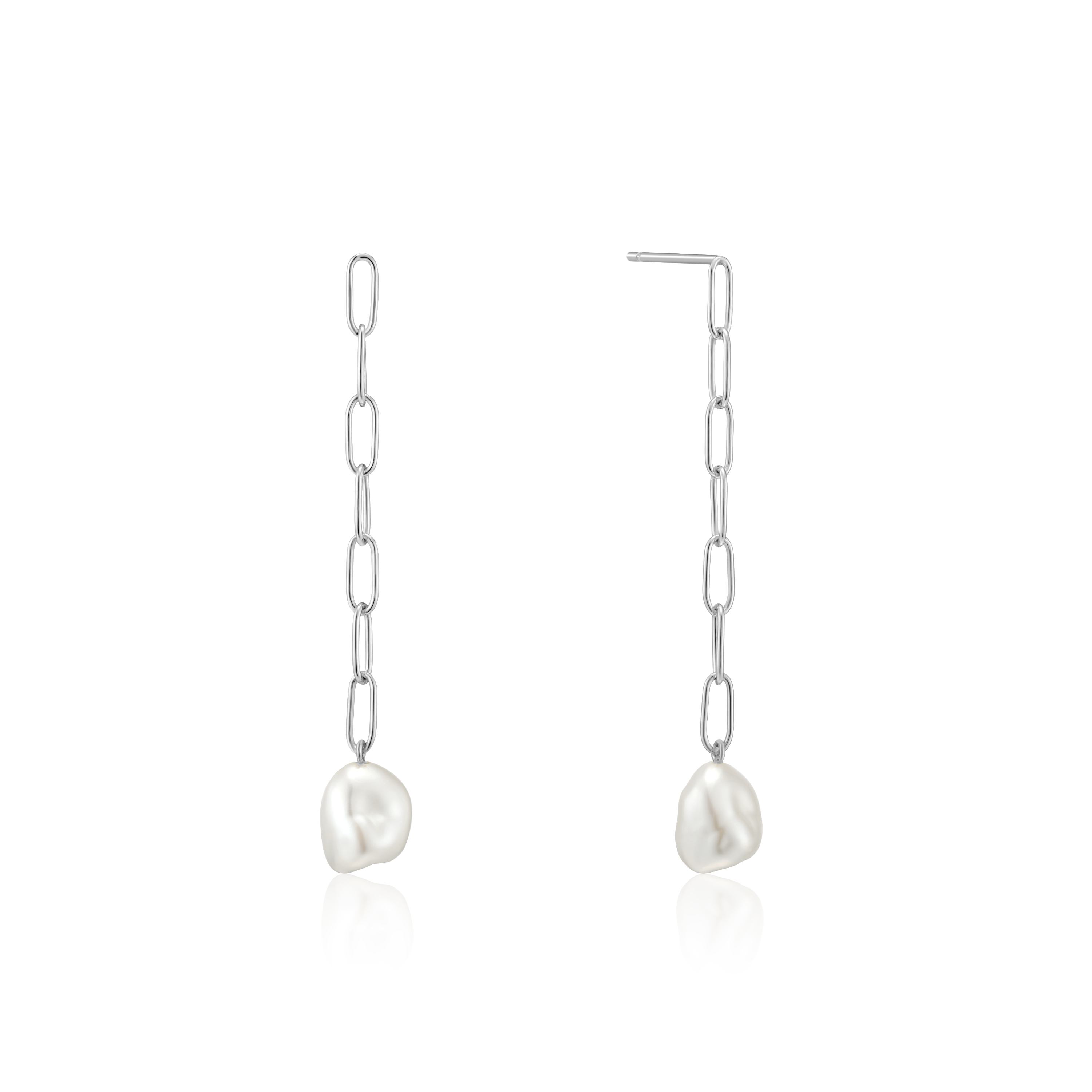 Rhodium-plated silver dang earrings with pearl