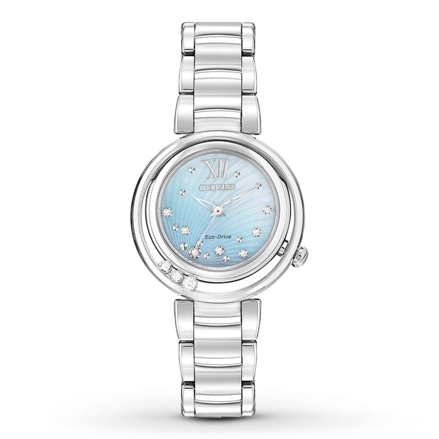 Montre eco-drive acier, diamants, fond bleu - EM0320-59D - Citizen