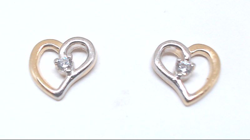 Boucles d'oreilles fixes coeurs, or 2 tons (rose/blanc) 10 carats, zircons incolores