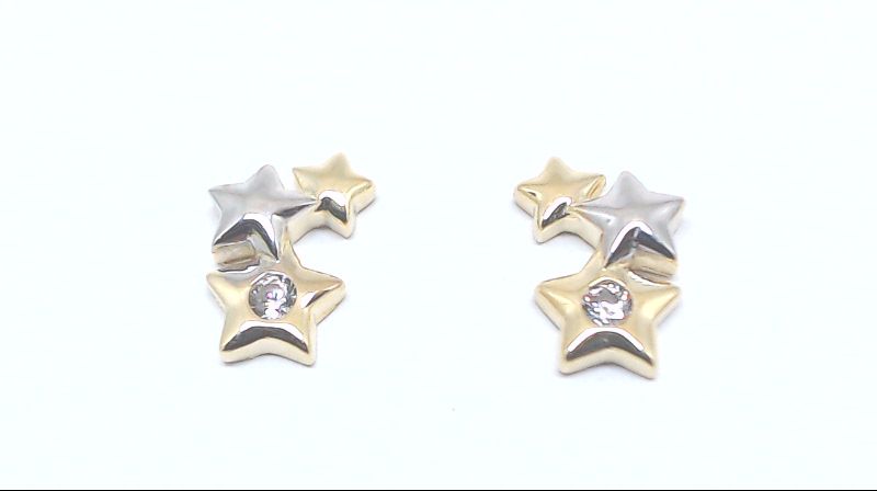 Boucles d'oreilles fixes étoiles, or 2 tons (jaune/blanc) 10 carats, zircons incolores