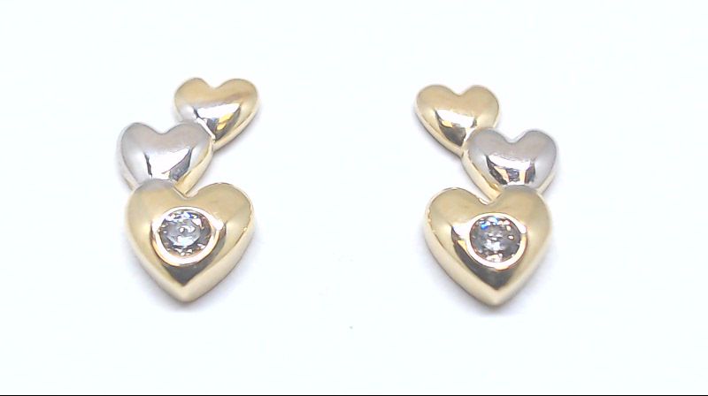 Boucles d'oreilles fixes coeurs, or 2 tons (jaune/blanc) 10 carats, zircons incolores