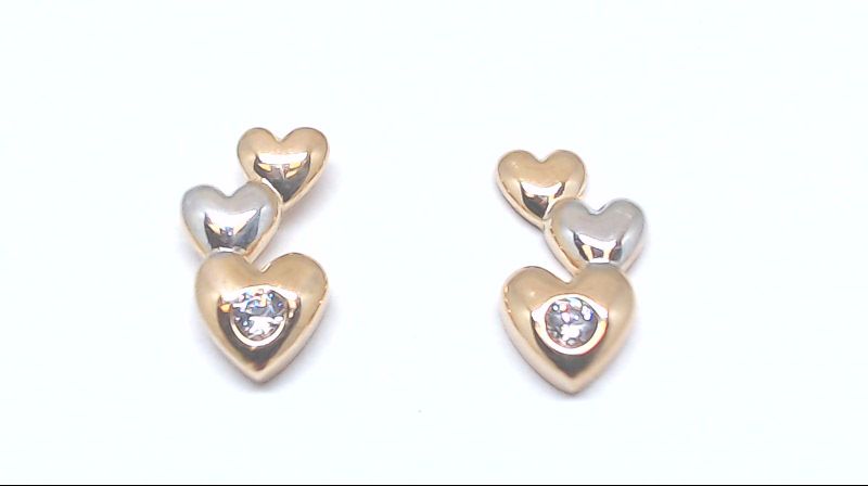 Boucles d'oreilles fixes coeurs, or 2 tons (rose/blanc) 10 carats, zircons incolores