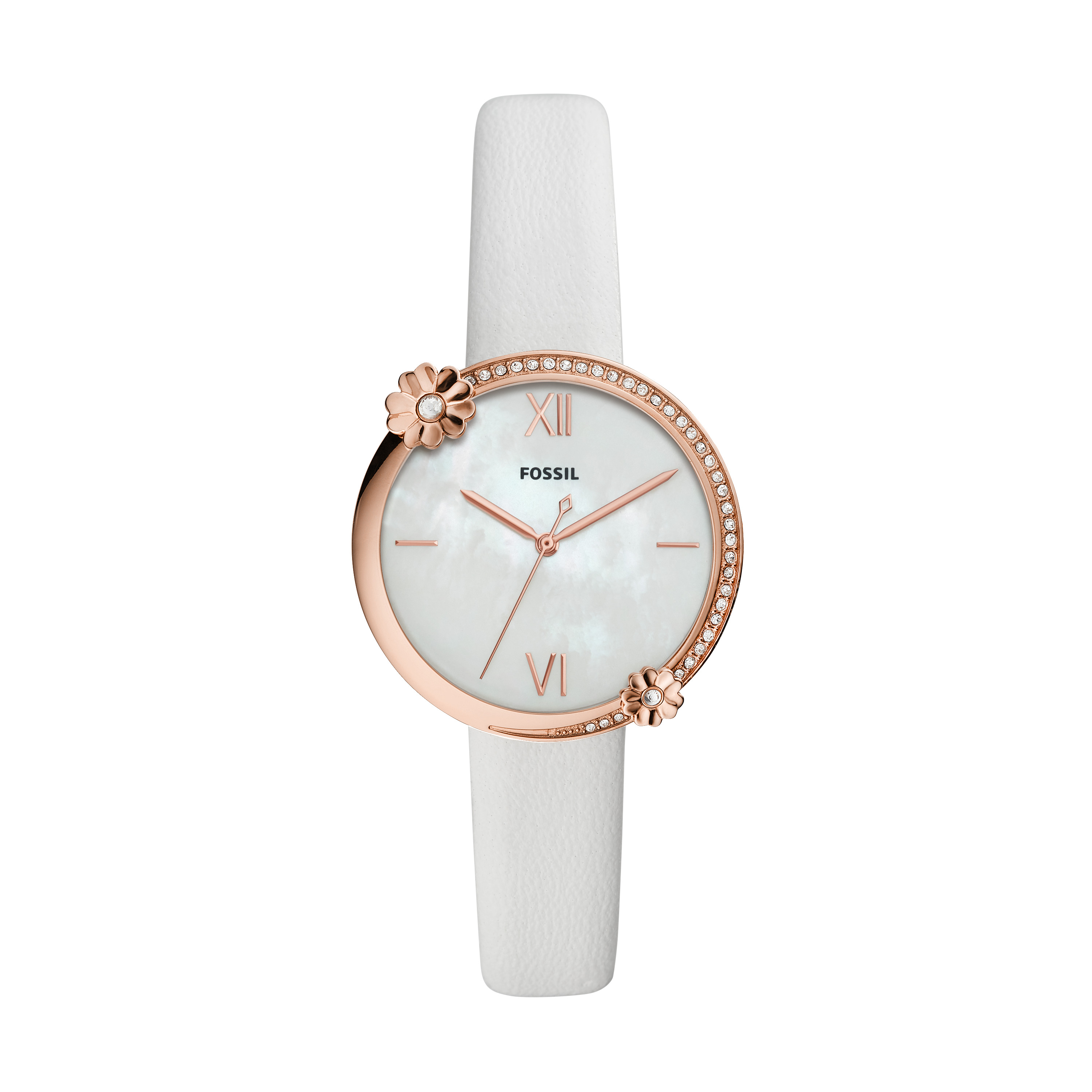 Montre femme cuir blanc acier rosé cz