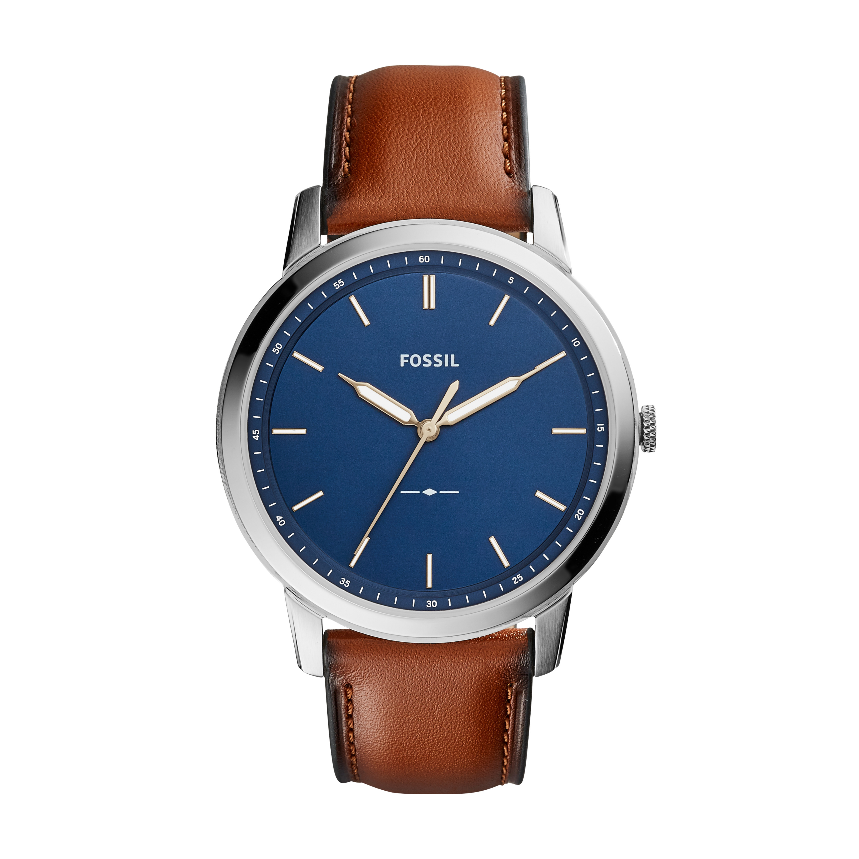 Montre cuir brun, acier, fond bleu