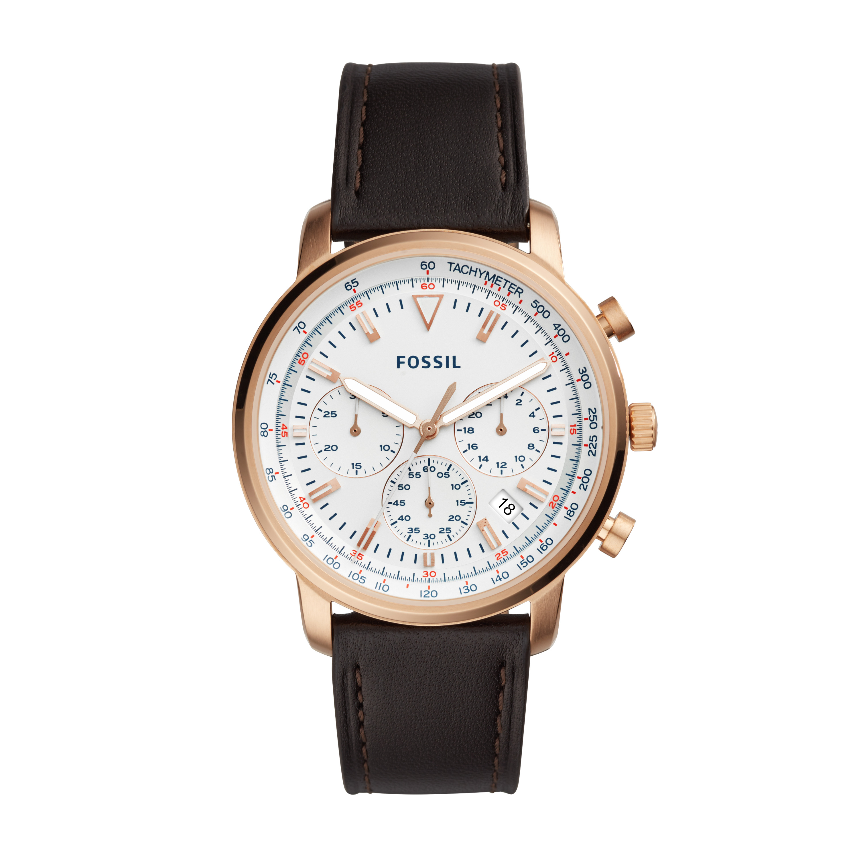 Montre cuir brun, acier rosé, fond blanc