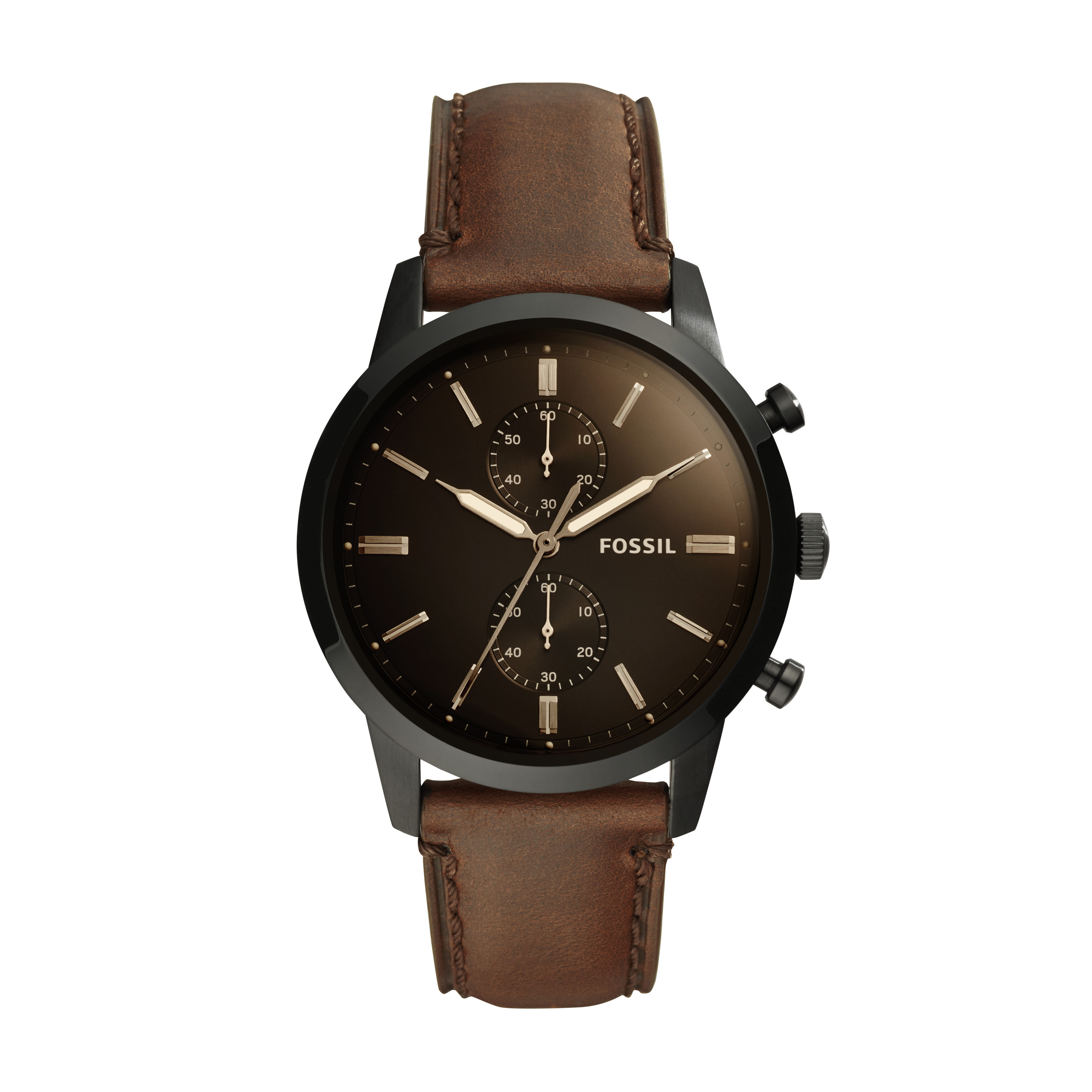 Montre cuir brun, acier noir, fond brun