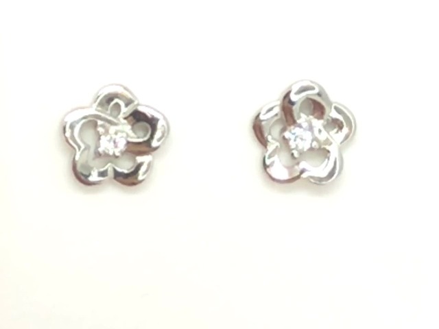 Boucles d'oreilles fixes fleurs, or blanc 10 carats, zircons incolores