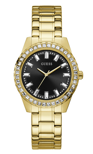 Gold-tone stainless steel watch, black dial, crystals - GW0111L2 - Guess