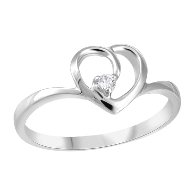 Bague coeur, or blanc, 3 pts dia tot, certificat