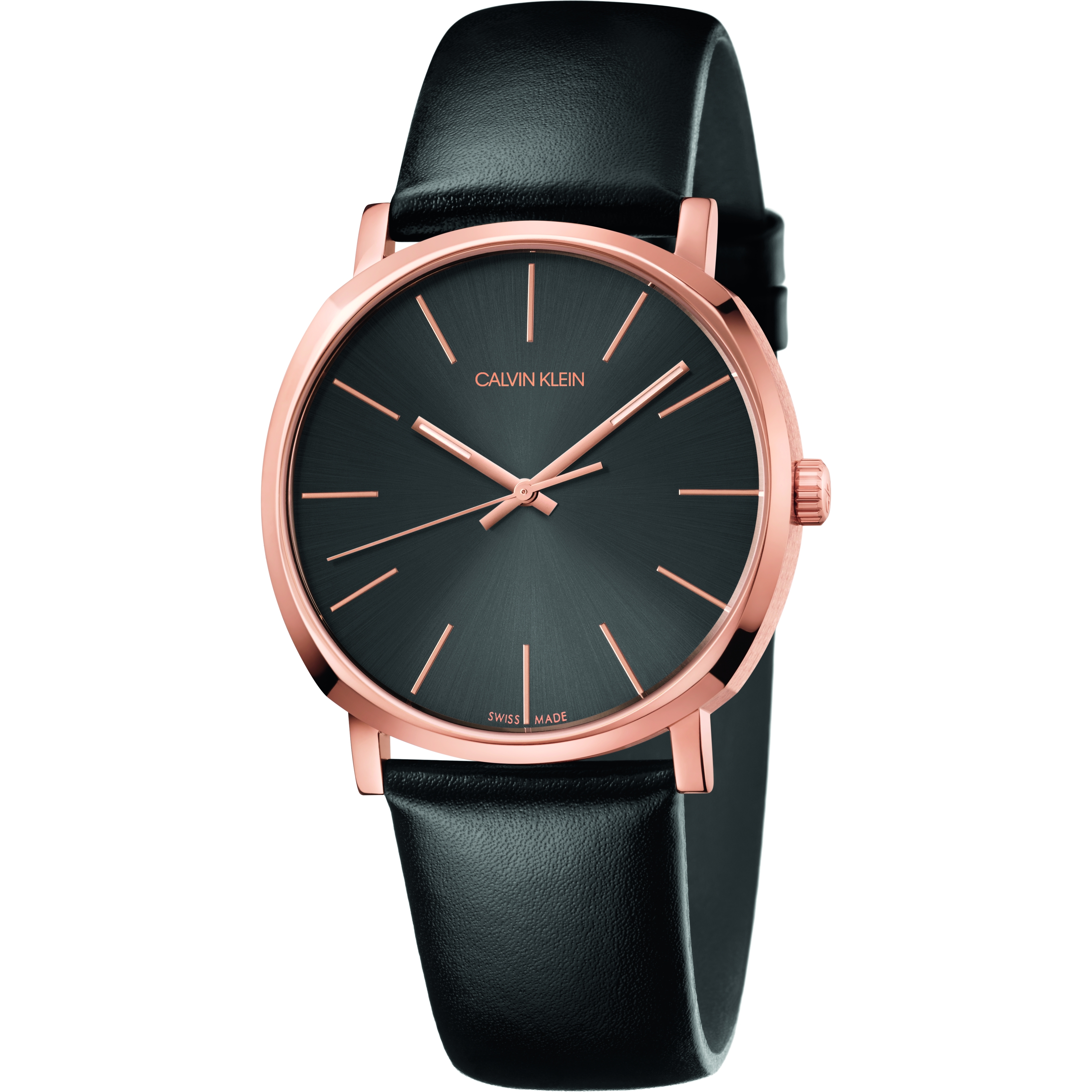 Men's black leather and pink steel watch - K8Q316C3 - Calvin Klein