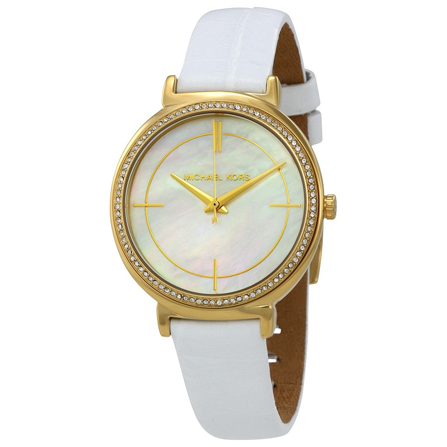 Women's golden steel, white leather watch