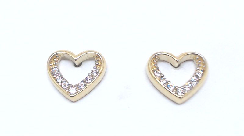 Boucles d'oreilles fixes coeurs, or jaune 10 carats, zircons incolores