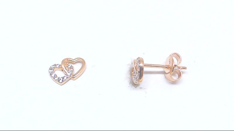 Boucles d'oreilles fixes coeurs, or rose 10 carats, zircons incolores