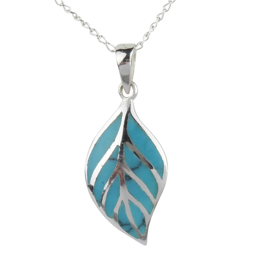 Pendentif feuille, argent, émail turquoise - N1500 - Création Gl