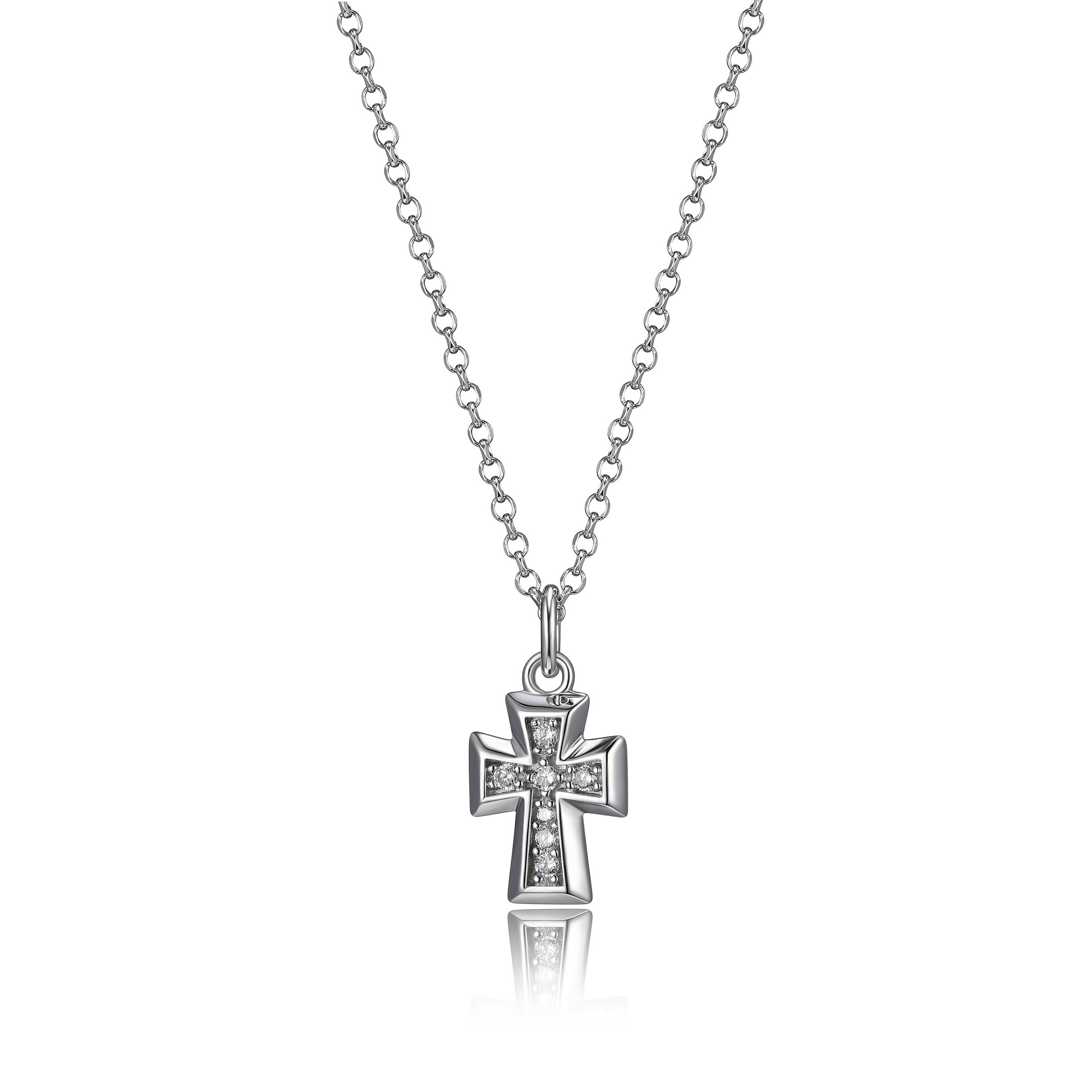 Rhodium-plated silver and zirconium cross necklace