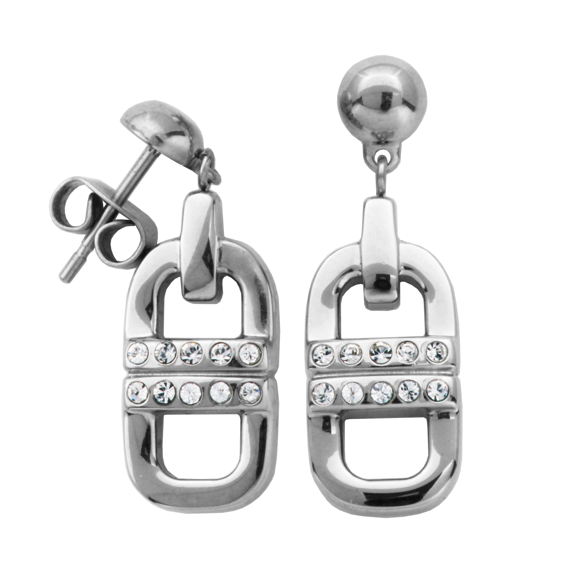 Dangling steel earrings with zirconium