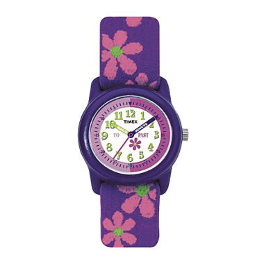 Montre bracelet élastique fleurs, plastique mauve